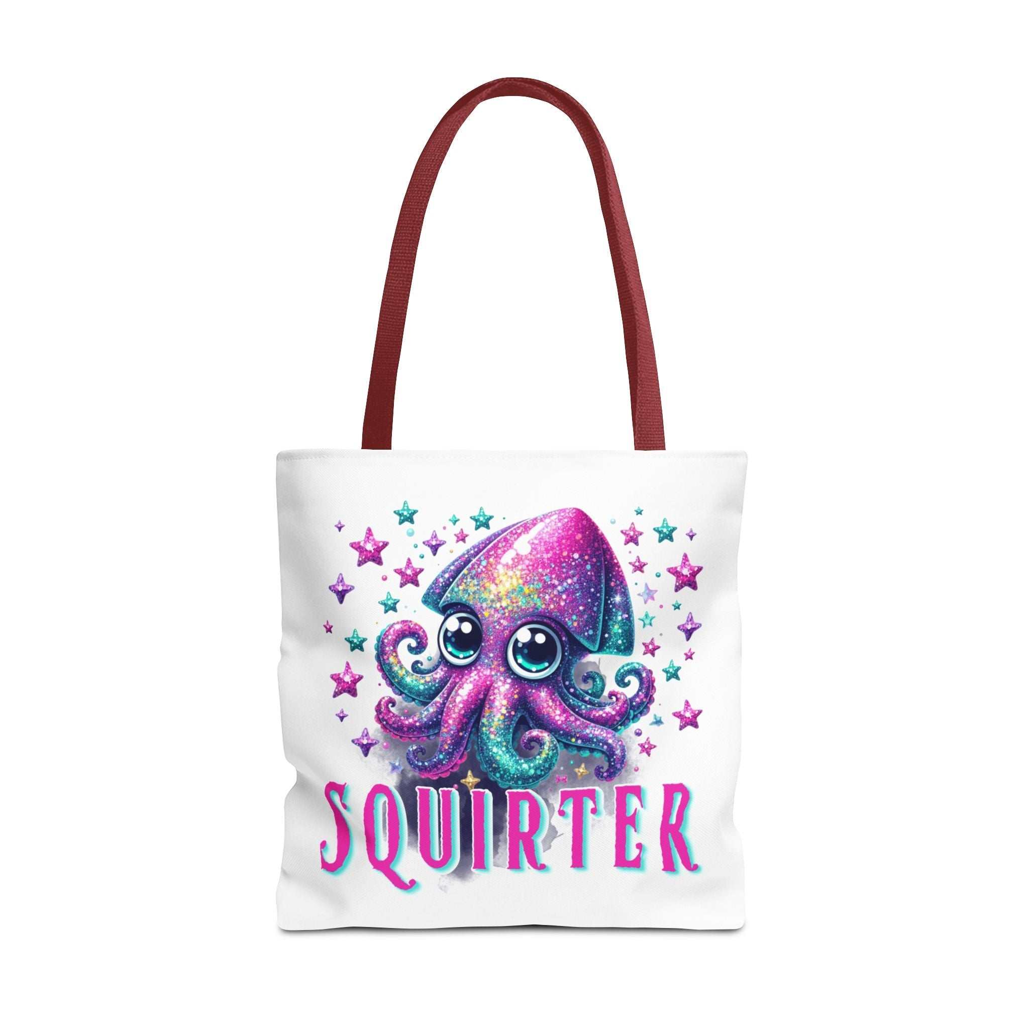 Cheeky Squirter Squid Tote Bag in three sizes with durable spun polyester and colorful handles