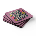 Cheeky 'Fresh Outta Fucks' coaster set with colorful design, perfect for home entertainment and laughter.