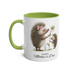 Cute hedgehog Mother's Day gift mug with green interior and matching handle.