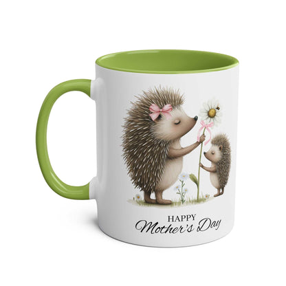 Cute hedgehog Mother's Day gift mug with green interior and matching handle.