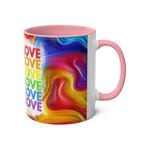 LGBTQ+ Pride mug with vibrant rainbow design and "Love" text, 11oz ceramic.