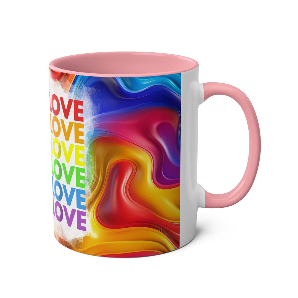 LGBTQ+ Pride mug with vibrant rainbow design and love message, ceramic, 11oz, microwave and dishwasher safe.