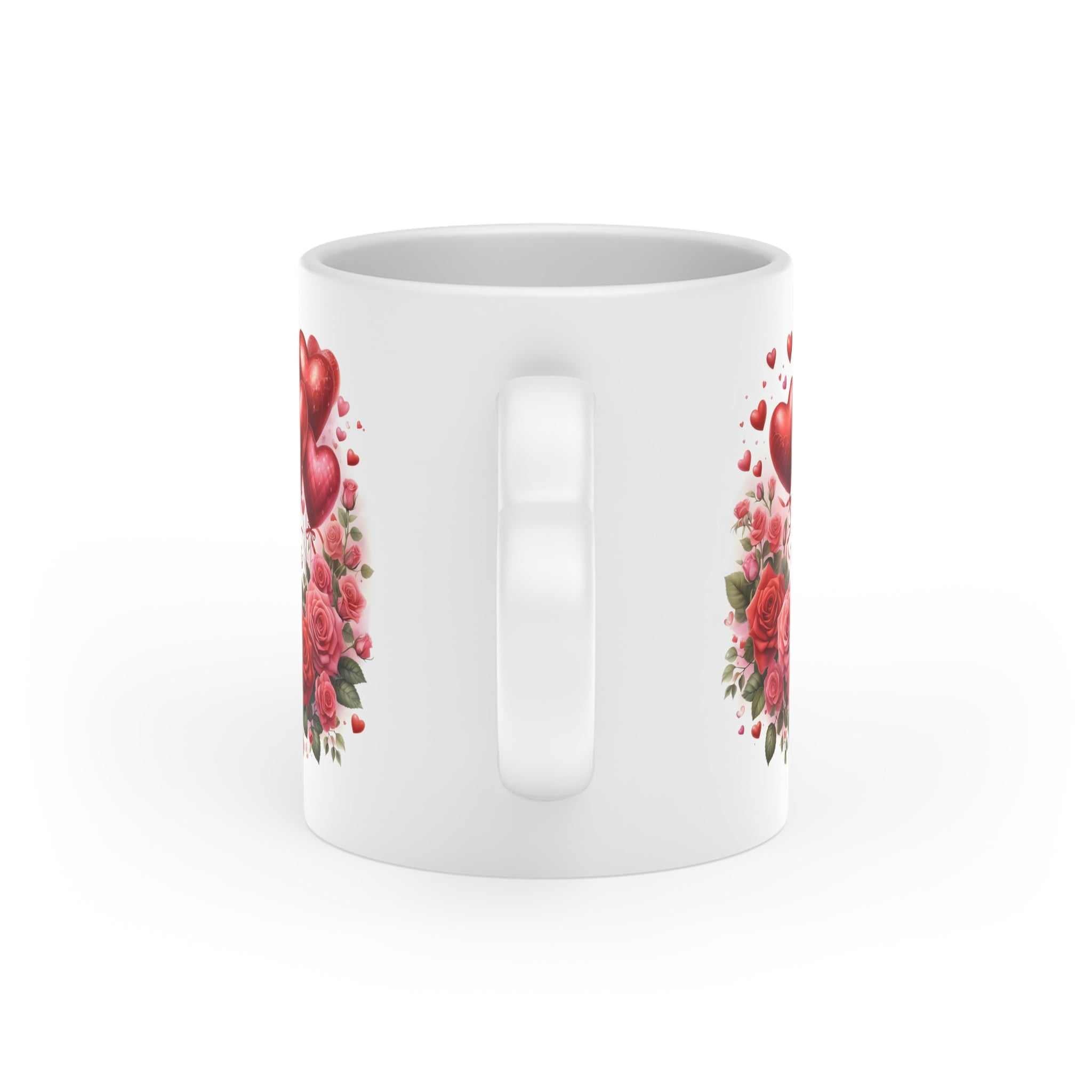 Valentines Day mug with heart-shaped handle and vibrant print.