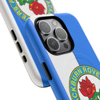 Blackburn Rovers MagSafe iPhone case with blue and white colors and club crest, dual-layer protection, and wireless charging compatibility