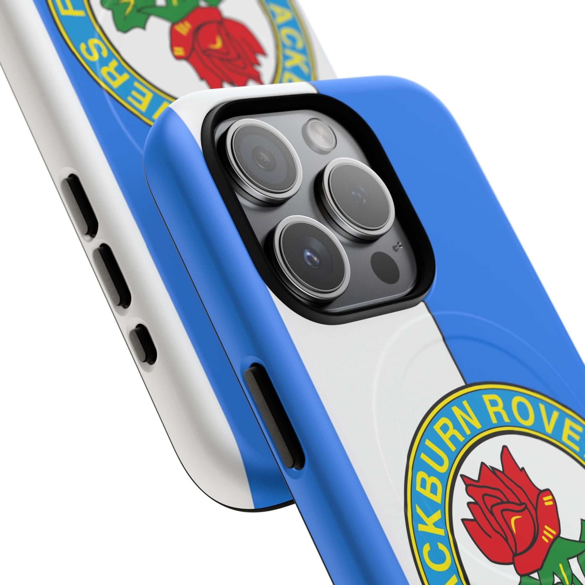 Blackburn Rovers MagSafe iPhone case with blue and white colors and club crest, dual-layer protection, and wireless charging compatibility