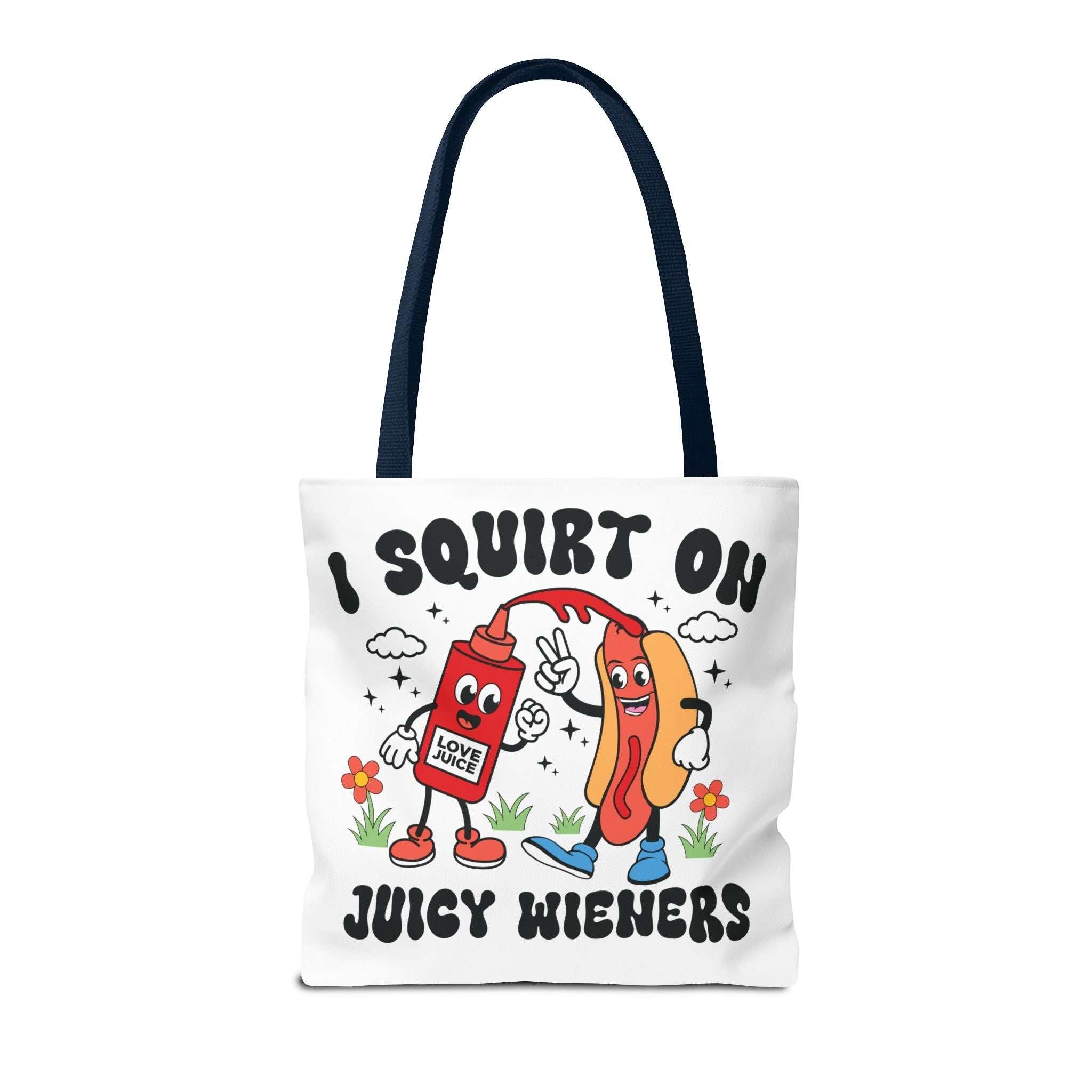 I Squirt On Juicy Wieners Fun Tote Bag with cheeky hot dog design on durable polyester fabric
