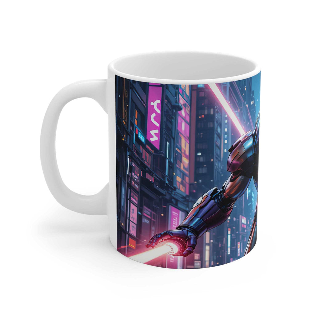 White ceramic mug featuring a vibrant Ironman superhero design in a futuristic cityscape, 11oz glossy finish, microwave and dishwasher safe