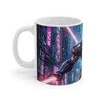White ceramic mug featuring a vibrant Ironman superhero design in a futuristic cityscape, 11oz glossy finish, microwave and dishwasher safe