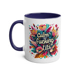 Colorful Calm Your Tits Coffee Mug with floral design, 11oz ceramic, glossy finish.