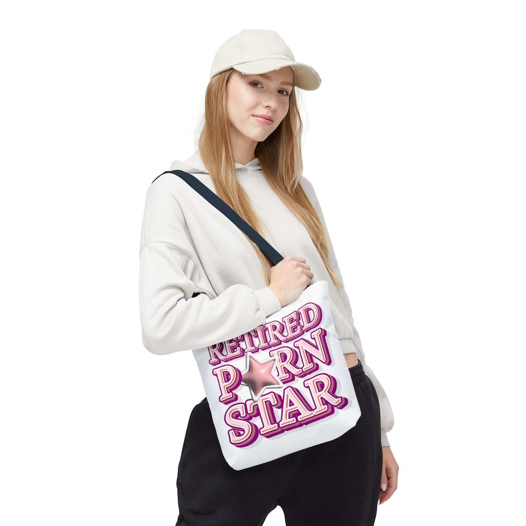 Cheeky Retired Porn Star Tote Bag with colorful handles and durable spun polyester fabric for everyday use