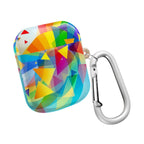 Vibrant Geometric Pride protective AirPods case with colorful geometric pattern and attached silver carabiner clip