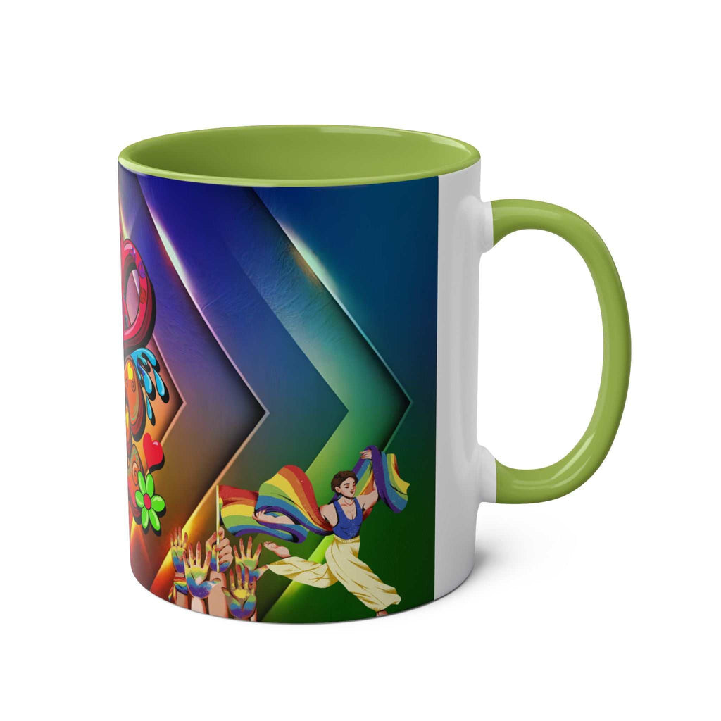 LGBTQ+ Pride Mug with vibrant rainbow design and green interior.