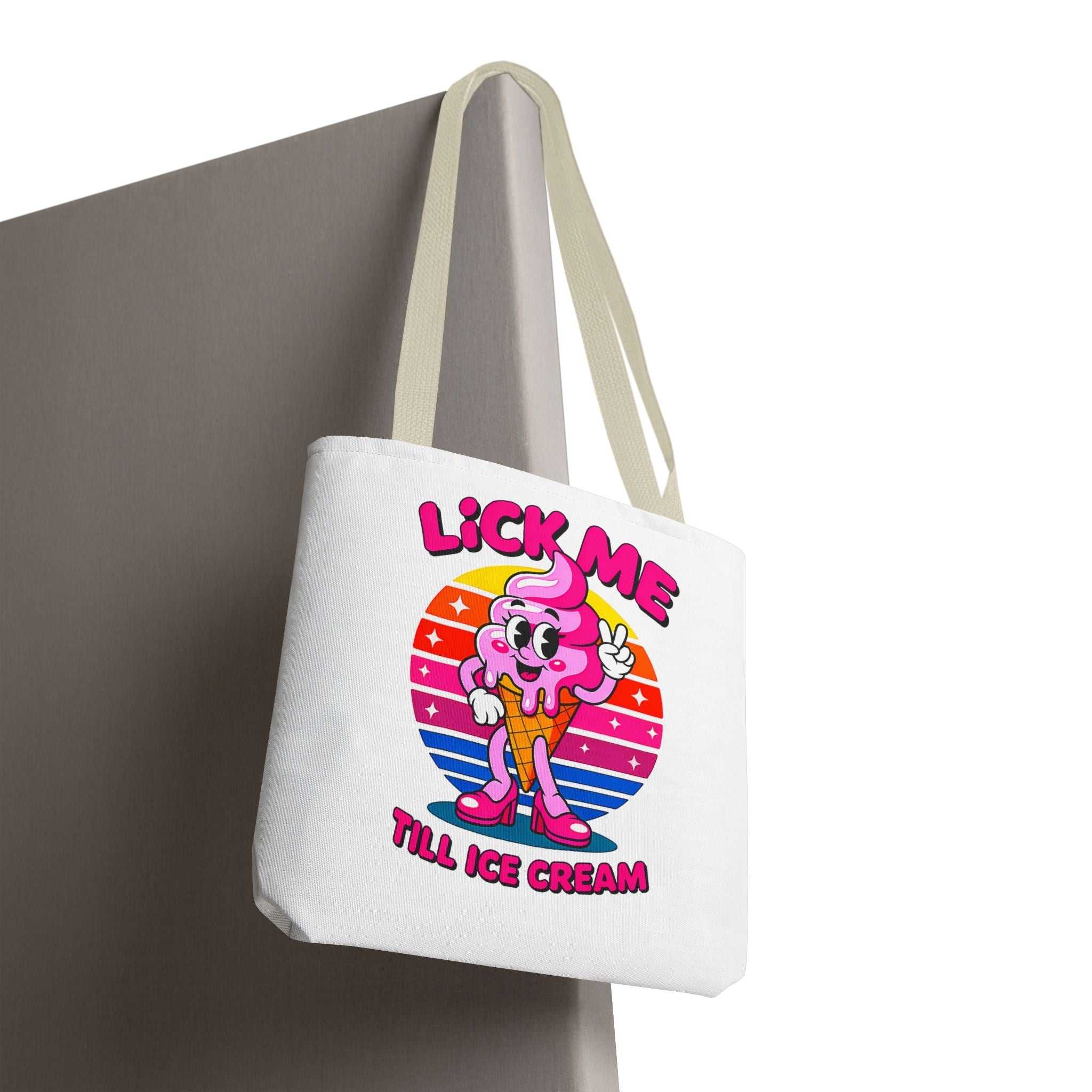 Cheeky Lick Me Till Ice Cream Tote Bag with durable spun polyester and colorful handles for shopping and daily use