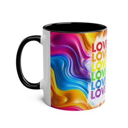 LGBTQ+ Pride mug with vibrant rainbow design and "Love" text, ceramic, 11oz, glossy finish.