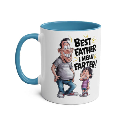 Fun Fathers Day Gift Mug with humorous cartoon design, blue interior, and handle.