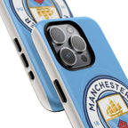Manchester City MagSafe iPhone case with club logo, sky blue color, dual-layer protection, and MagSafe compatibility.