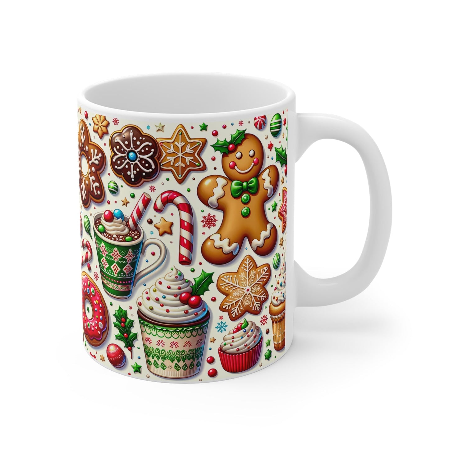 Gingerbread Christmas Mug with festive design, 11oz ceramic, glossy finish.