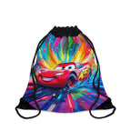 Cars-themed drawstring bag featuring vibrant race car design, lightweight and durable polyester with drawstring closure and spacious interior.