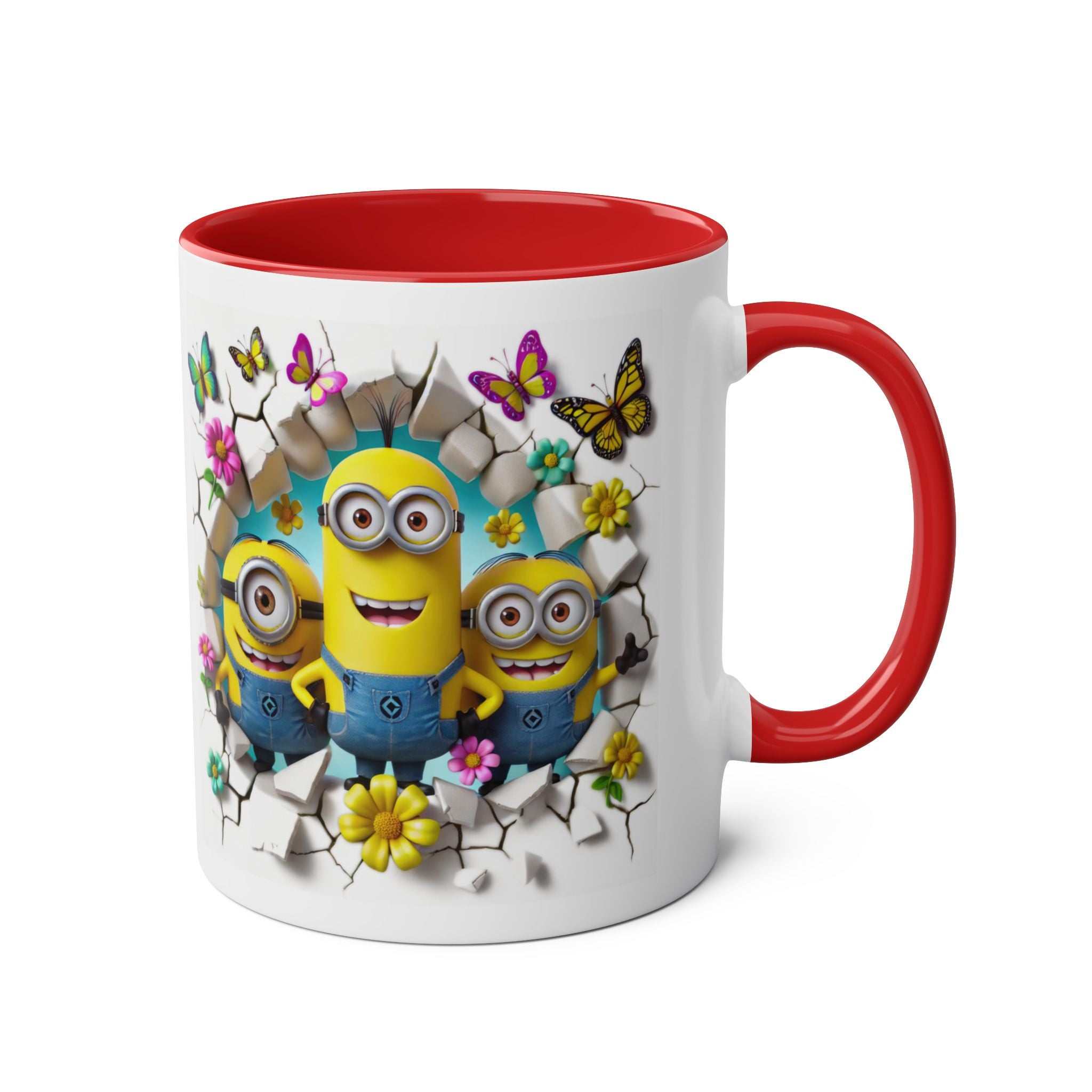 Minion Inspired Coffee Mug with colorful design, 11oz ceramic, red interior and handle.