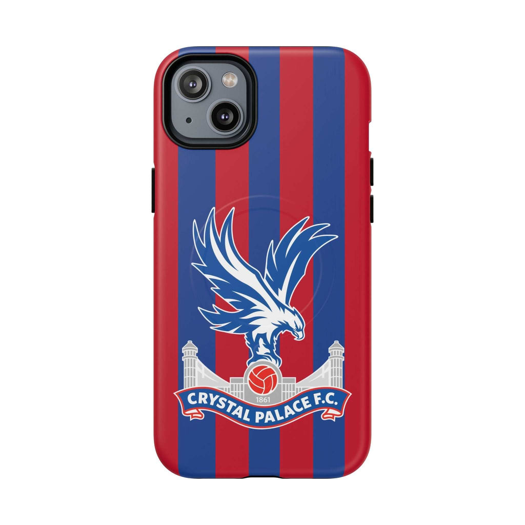 Crystal Palace MagSafe iPhone case with red and blue stripes and eagle crest, dual layer protection, and MagSafe compatibility