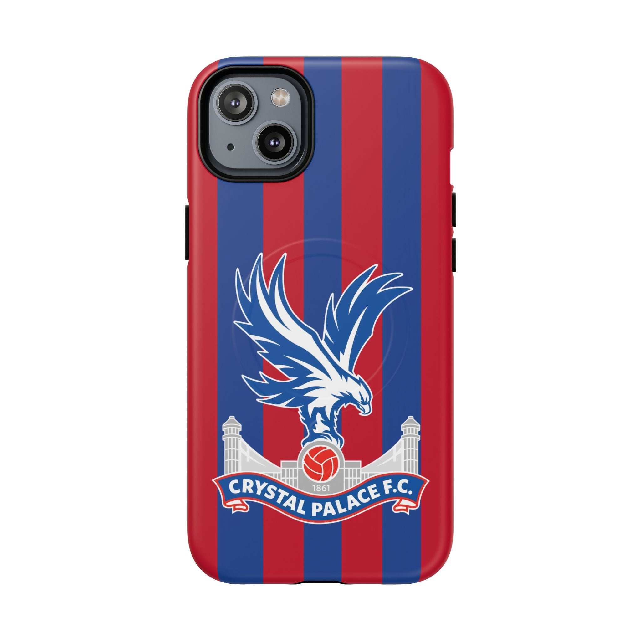 Crystal Palace MagSafe iPhone case with red and blue stripes and eagle crest, dual layer protection, and MagSafe compatibility