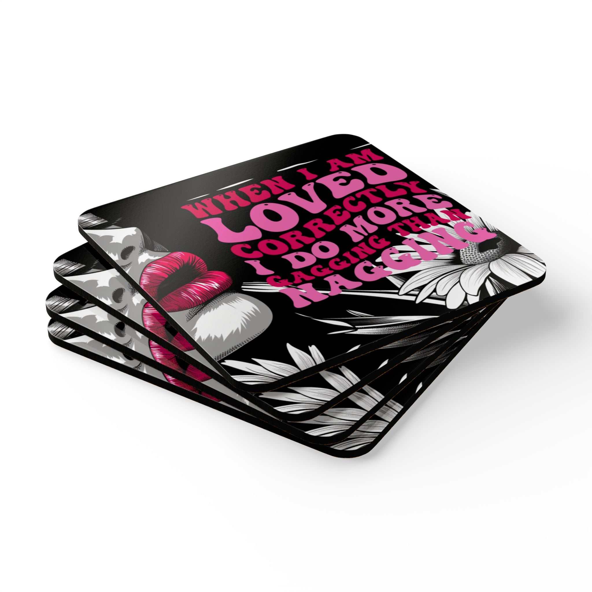 Cheeky Rude Coaster Set with bold lips design and playful text, high-gloss MDF top, cork backing, set of four.