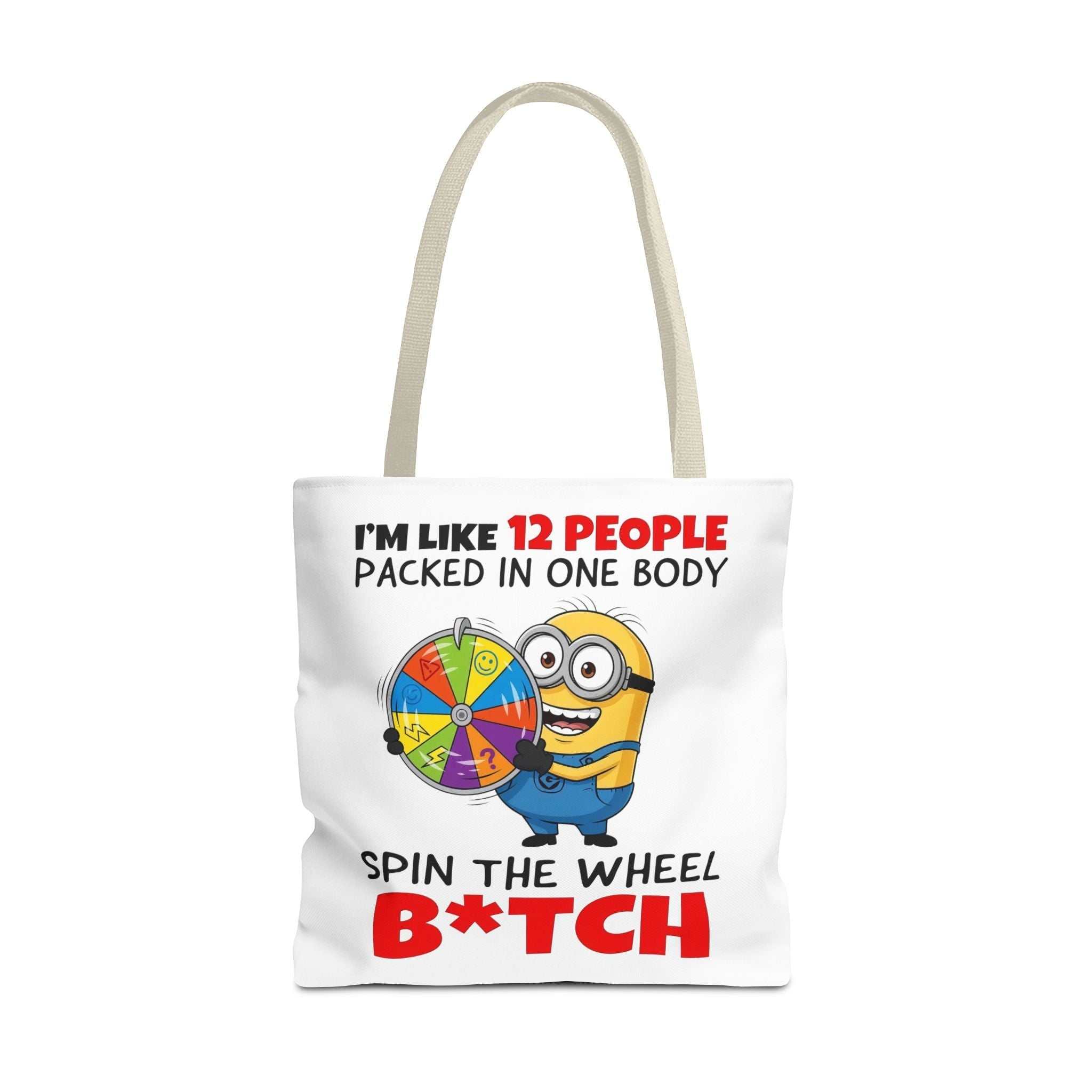 Funny Minion tote bag with cheeky design and multiple handle colors made of durable spun polyester
