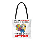 Funny Minion tote bag with cheeky design and colorful handles, made of durable spun polyester in three sizes