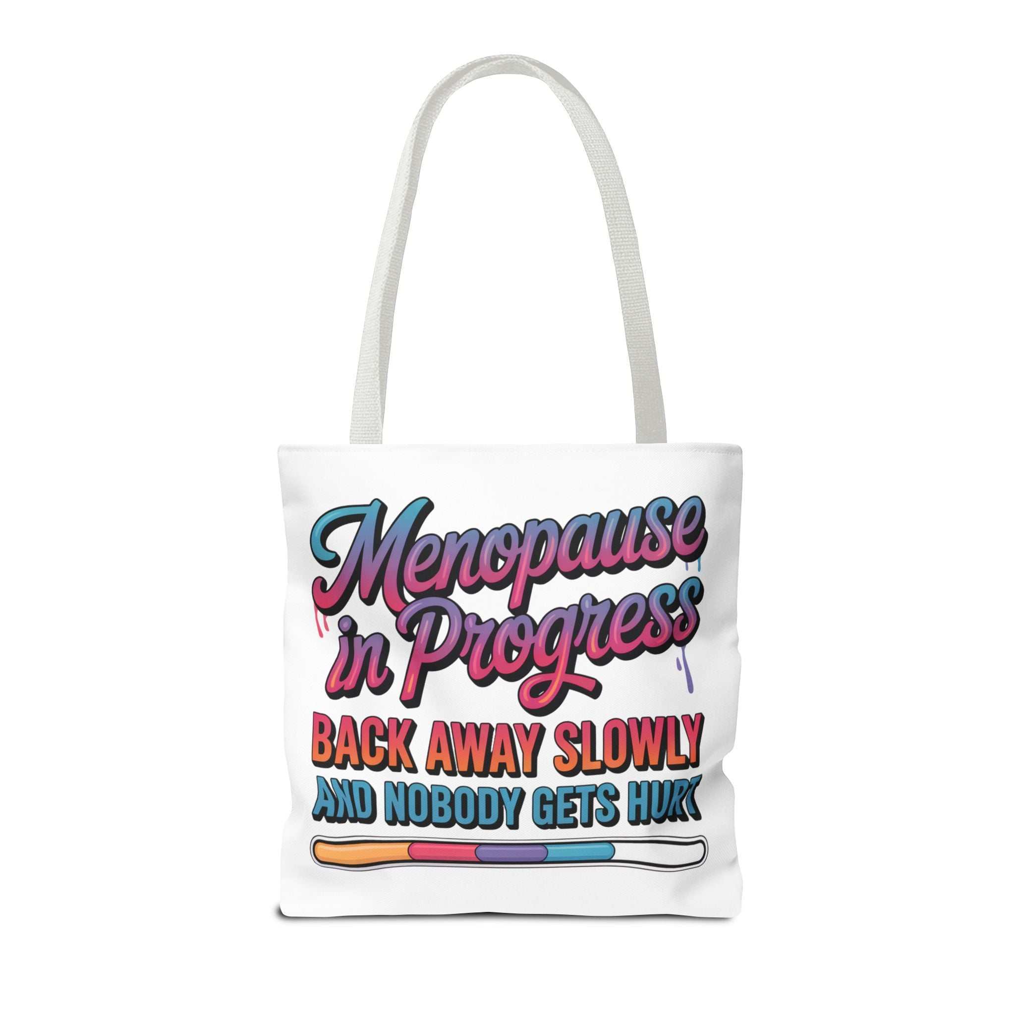 Menopause in Progress tote bag with cheeky design, durable polyester, multiple sizes, and handle color options