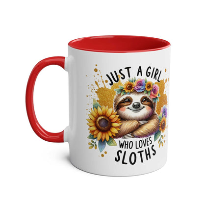 Cute sloth coffee mug with red handle and floral design, perfect for animal lovers.