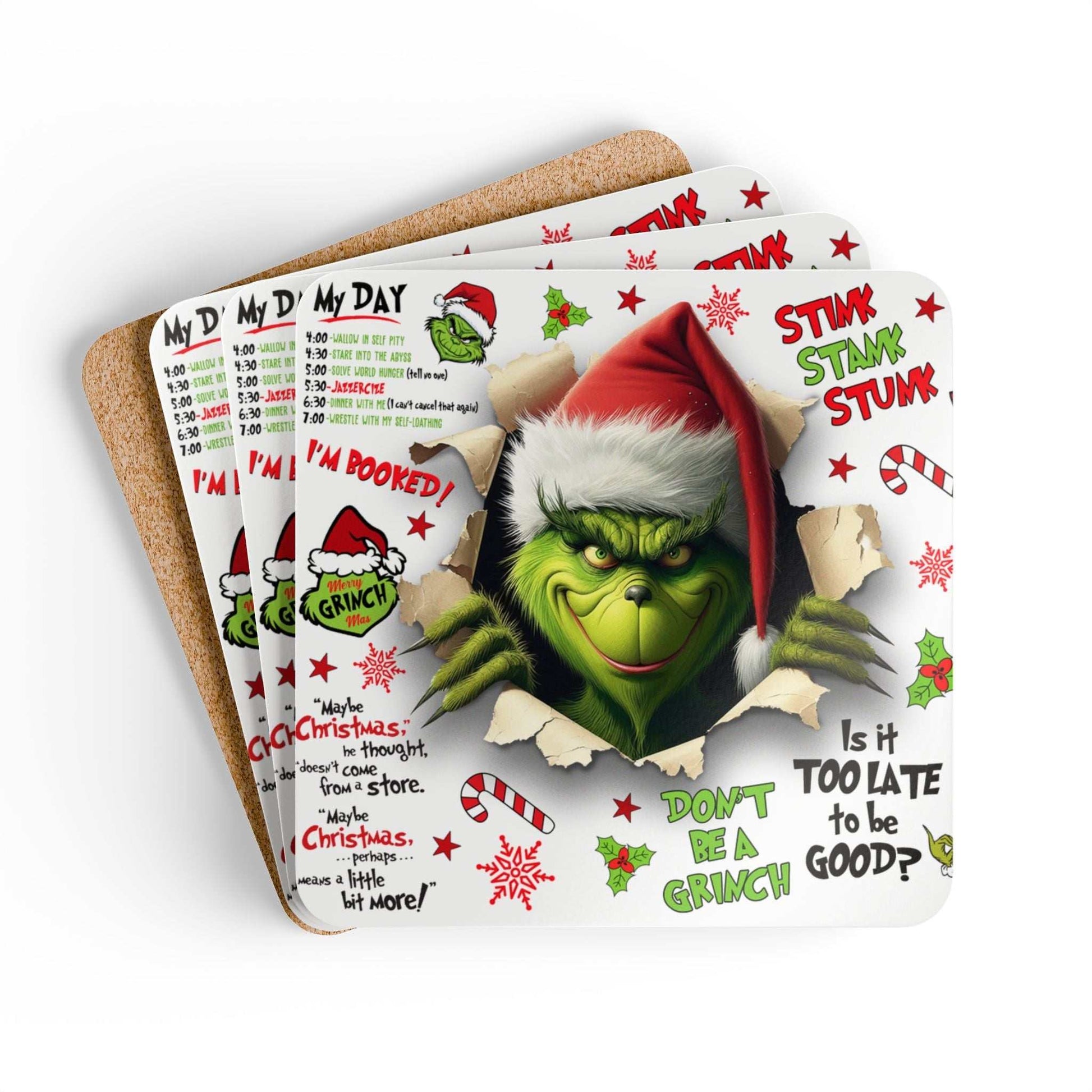 Grinchmas Fun Coaster Set featuring festive Grinch design, cork back, and high-gloss finish for holiday decor.