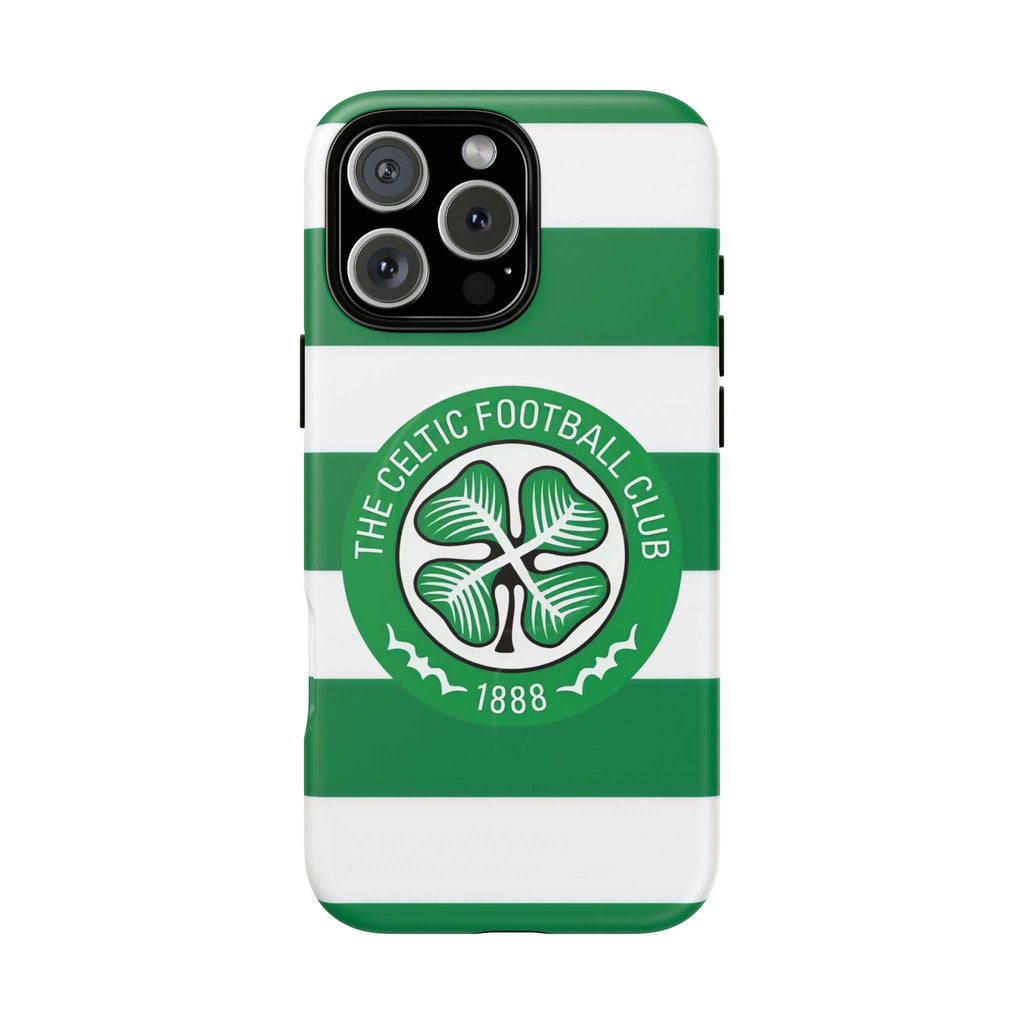 Celtic MagSafe iPhone Case with green and white stripes and Celtic Football Club crest, dual-layer protective design, MagSafe compatible.