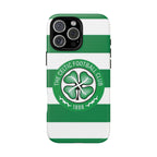Celtic MagSafe iPhone Case with green and white stripes and Celtic Football Club crest, dual-layer protective design, MagSafe compatible.