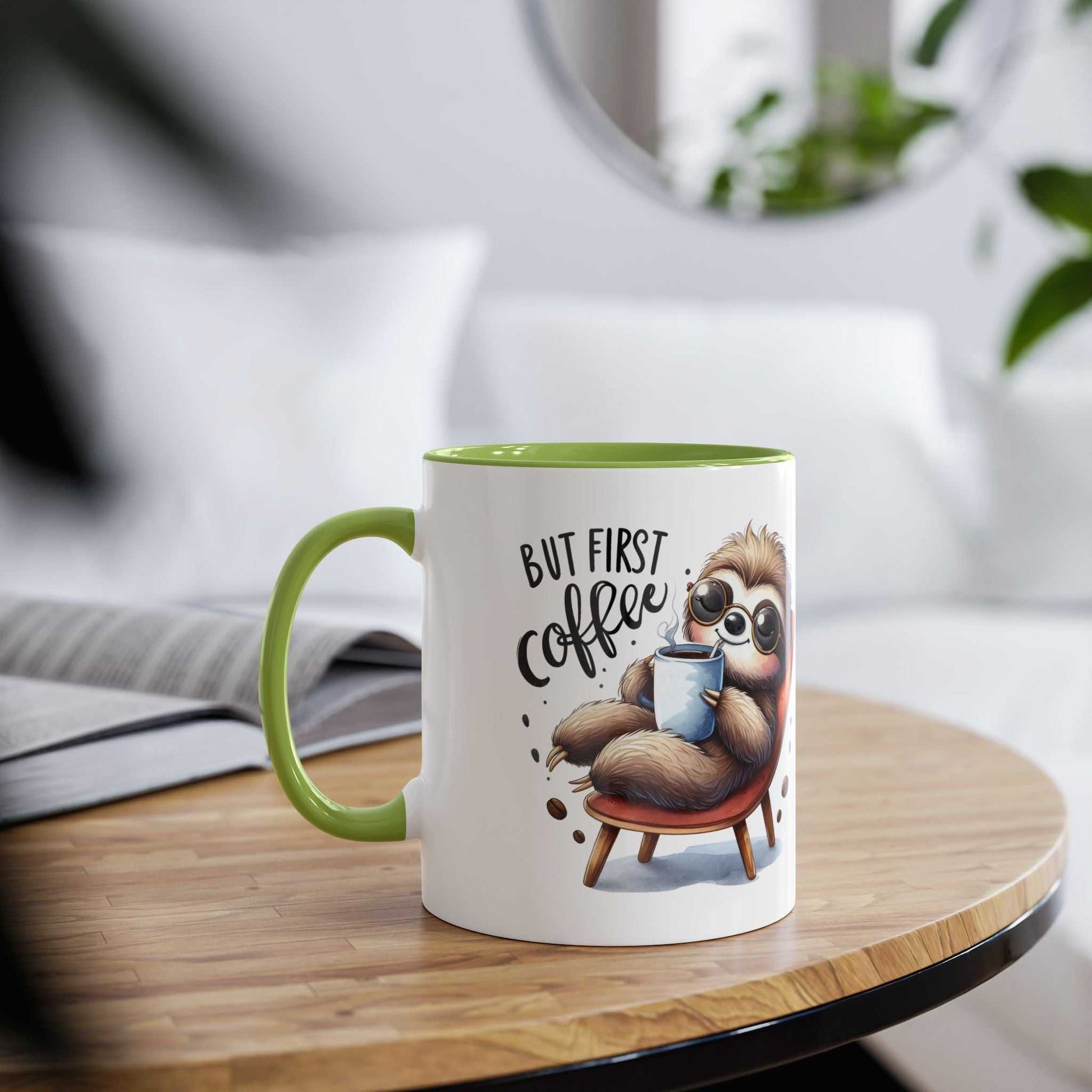 Cute sloth coffee mug with whimsical design on a table, green handle, and interior.