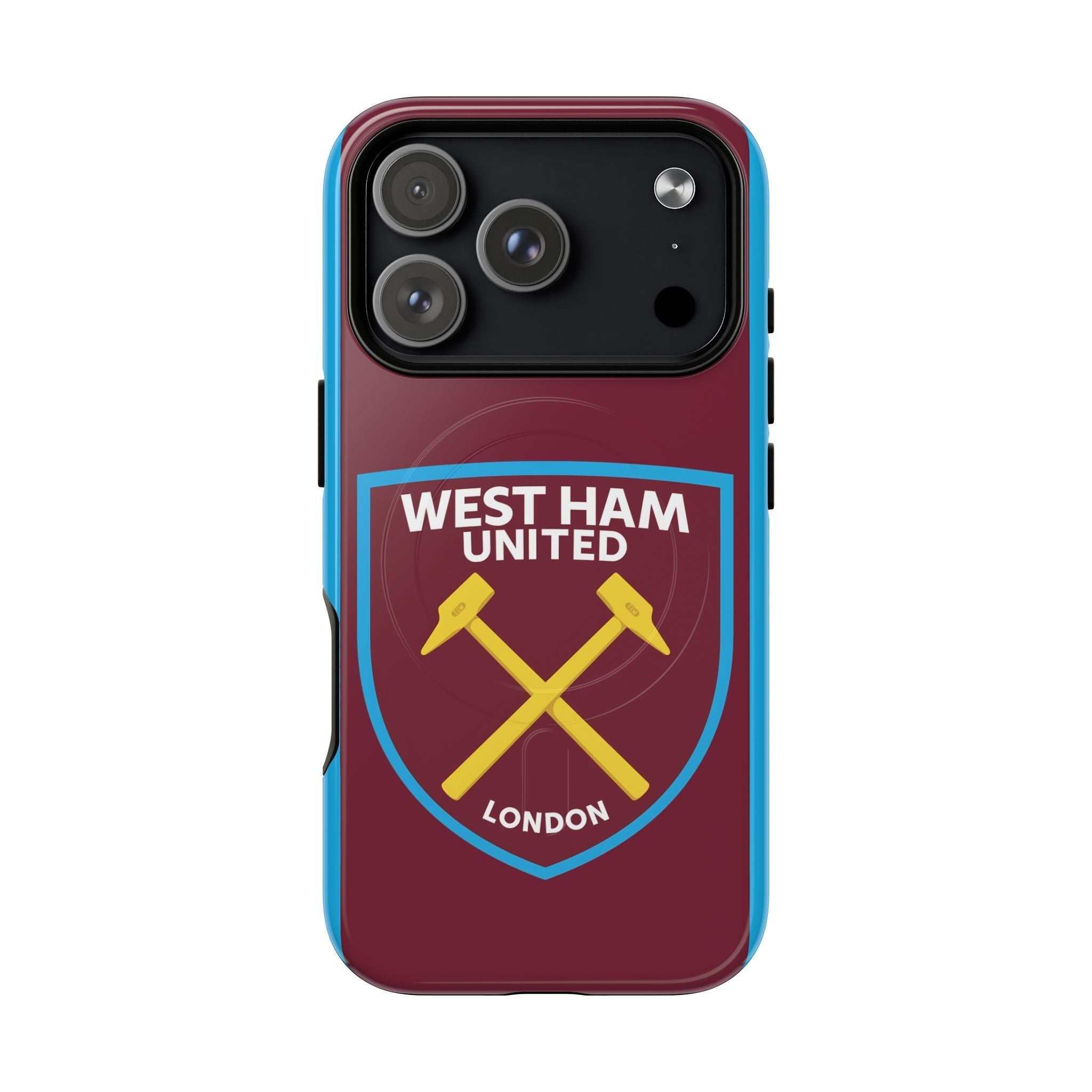 West Ham Utd MagSafe iPhone case with claret and blue colors and official-inspired crest, dual-layer protection and wireless charging compatible