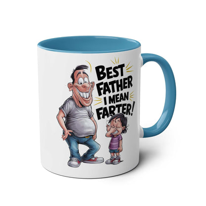 Fun Fathers Day Gift Mug with cartoon and playful text, blue handle and interior, perfect Father's Day gift.