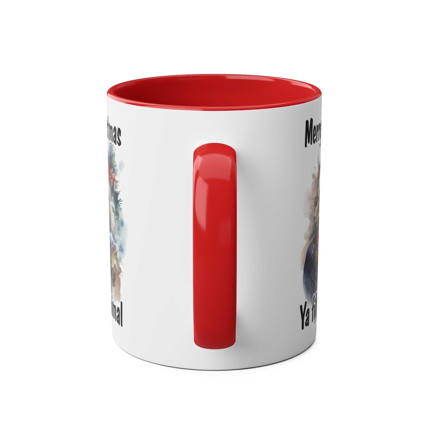 Festive Sweary Granny Christmas Mug with red handle, glossy finish, unique holiday design.