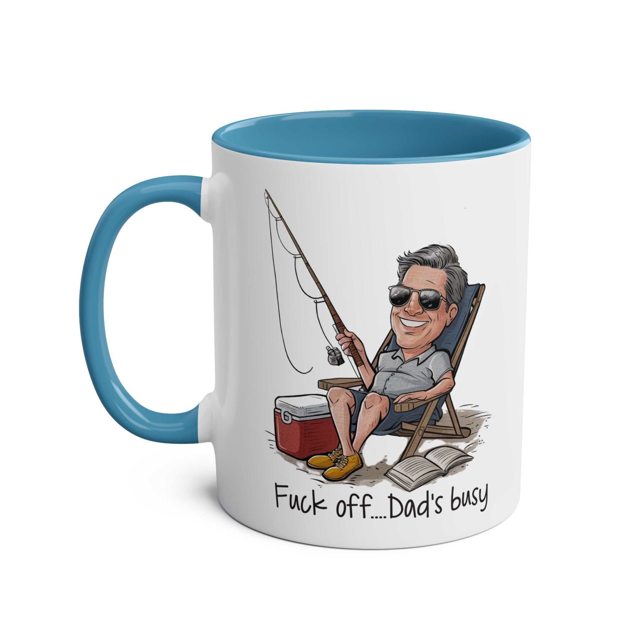 Fun Father's Day Gift Mug with fishing design and blue interior.