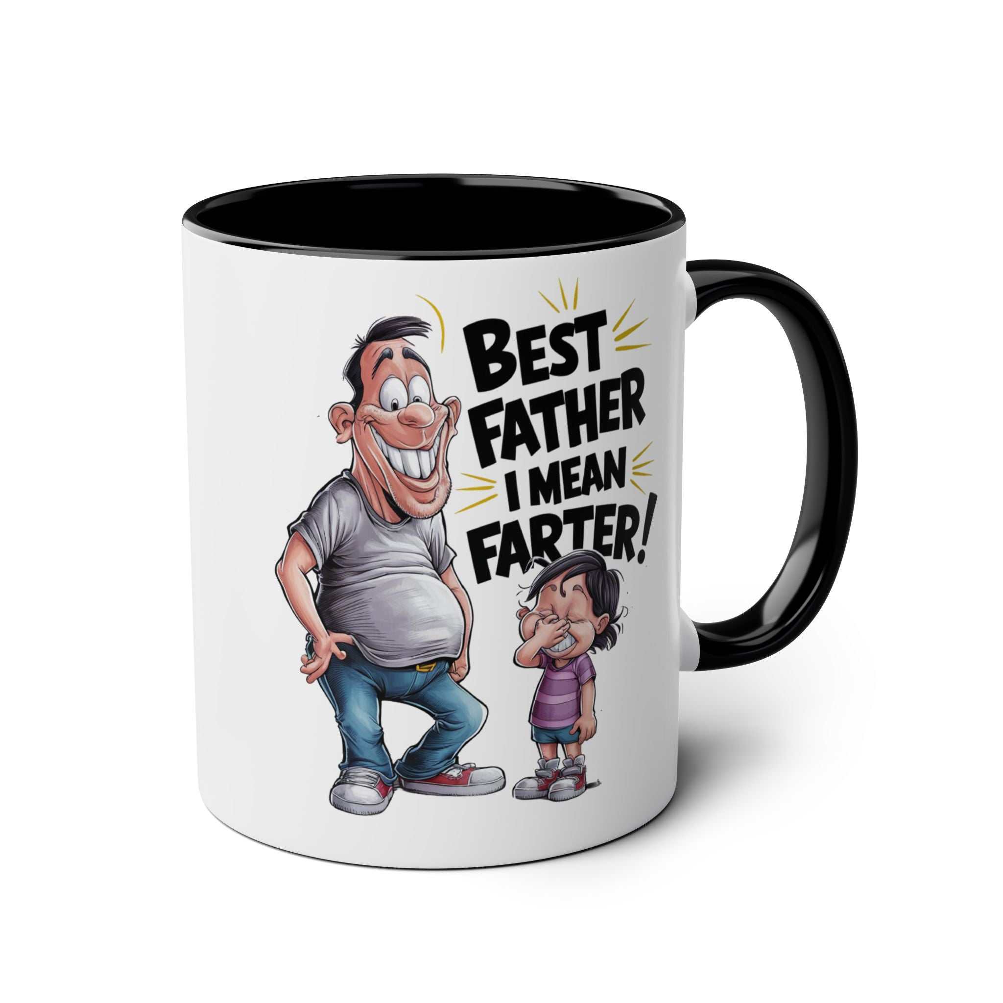 Fun Fathers Day Gift Mug with humorous cartoon design and "Best Father I Mean Farter" text, ceramic, glossy finish, 11oz, microwave and dishwasher safe.