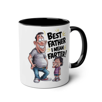 Fun Fathers Day Gift Mug with humorous cartoon design and "Best Father I Mean Farter" text, ceramic, glossy finish, 11oz, microwave and dishwasher safe.
