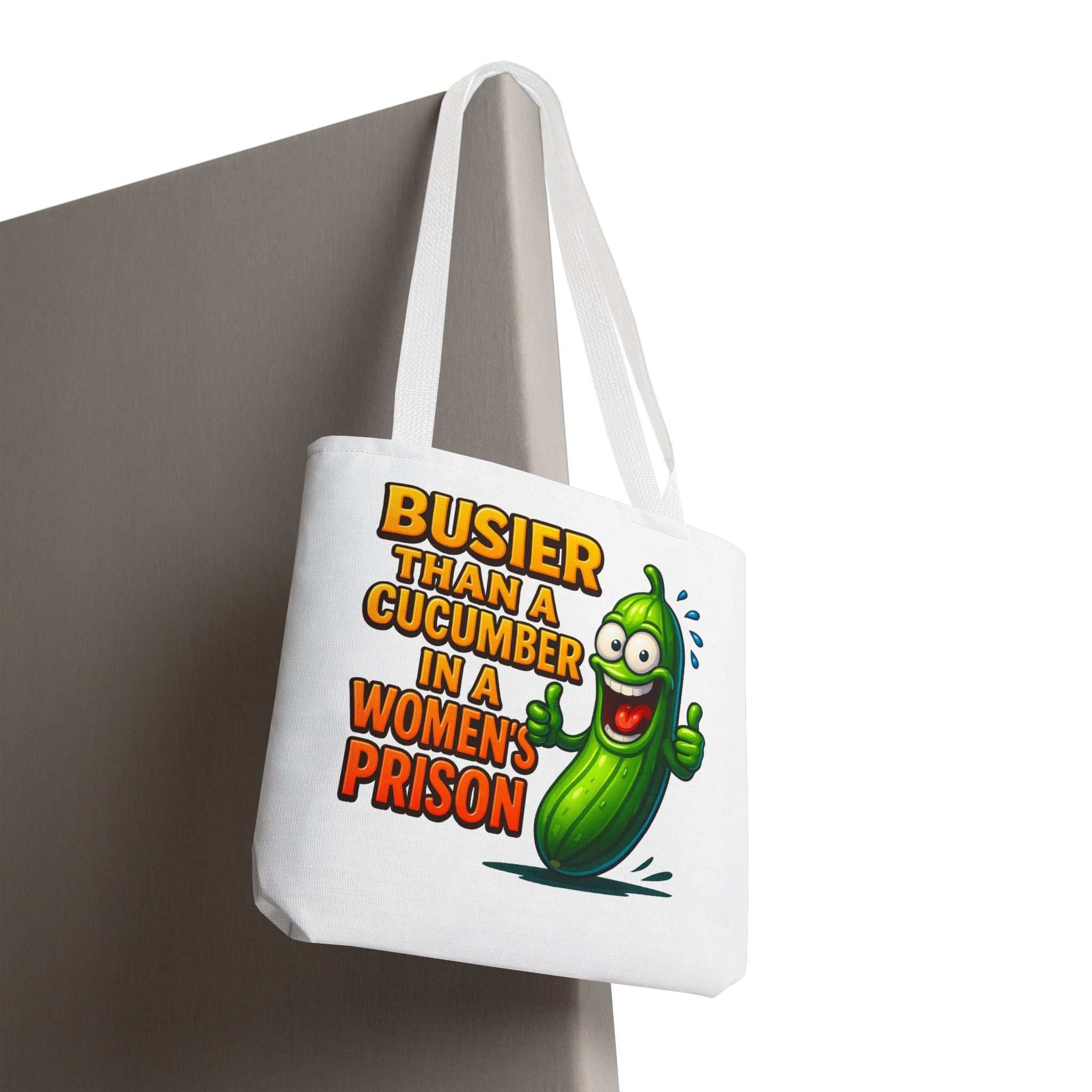 Busier Than a Cucumber Tote Bag with cheeky design, durable spun polyester, multiple sizes and handle colors, lightweight and reusable tote for errands and outings