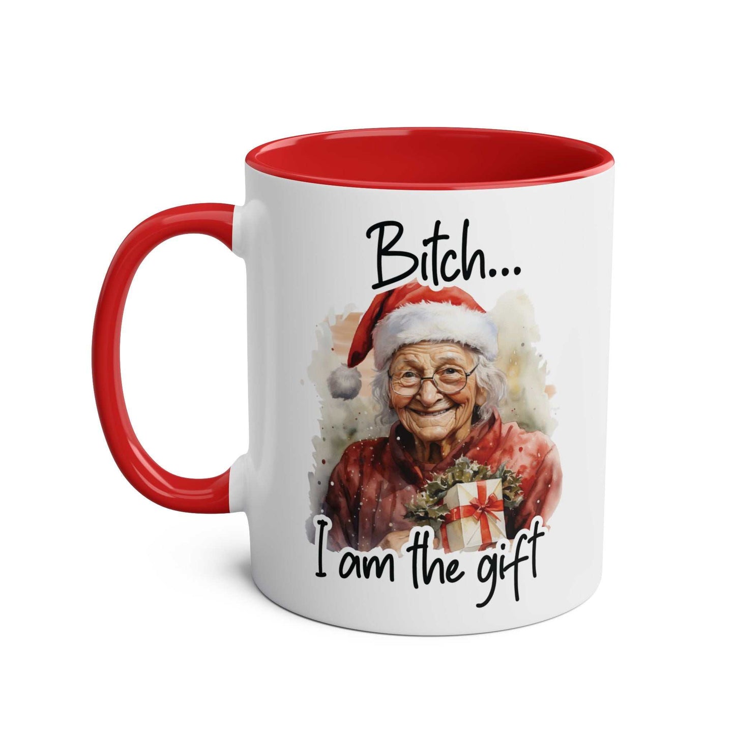 Sweary Granny Christmas Mug with cheeky festive design and red handle.