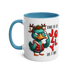 Sarky Christmas Mug with duck design and humorous text, ceramic, glossy finish, available in 7 colors.