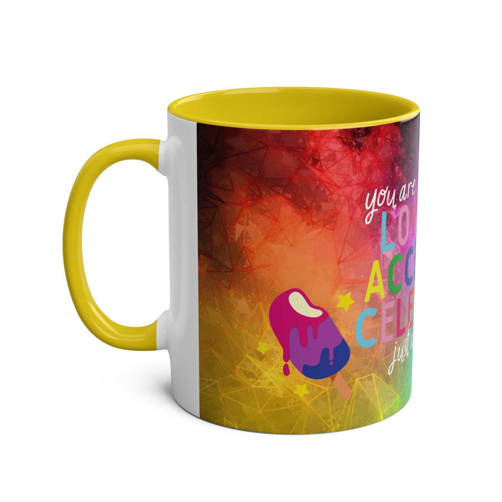 LGBTQ+ Pride Mug with vibrant rainbow design, high-quality ceramic, 11oz, glossy finish, microwave and dishwasher safe.
