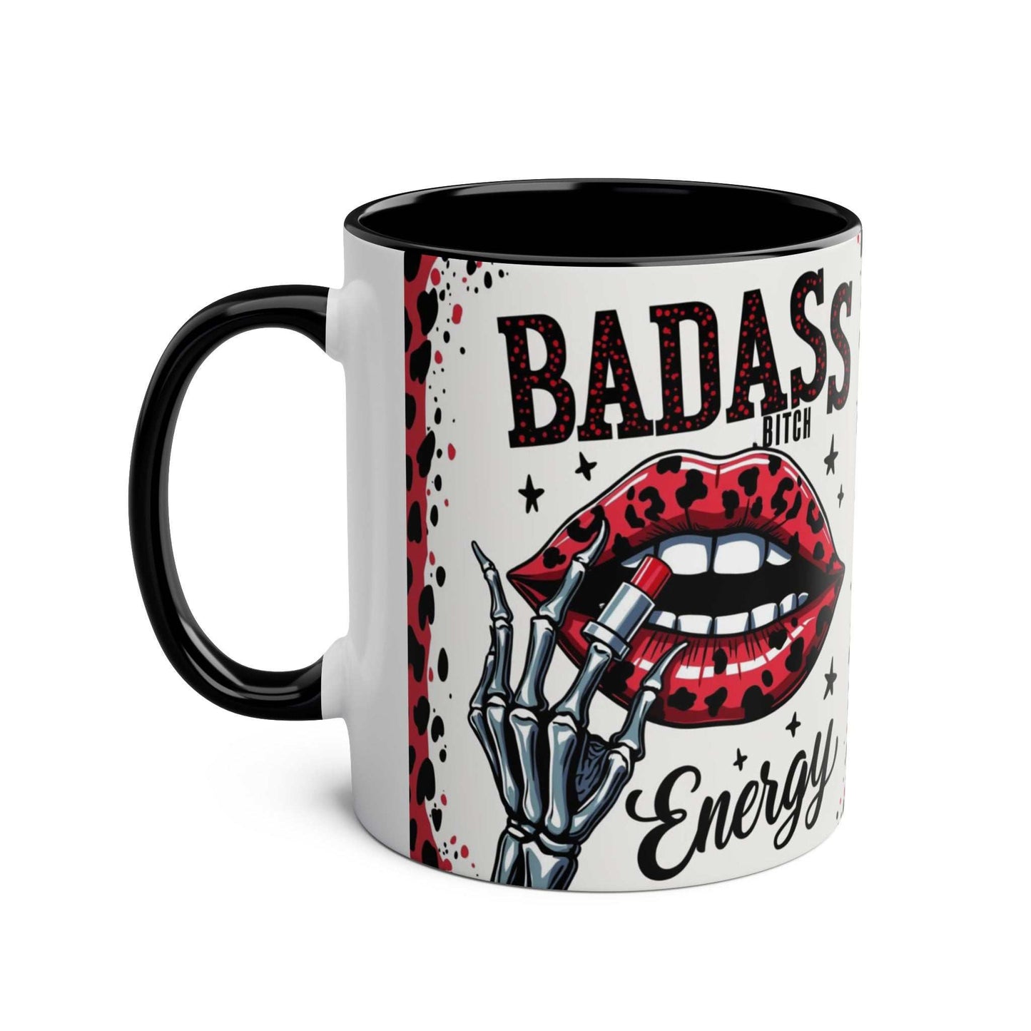 Badass Bitch Ceramic Two Tone Mug with skull design and black handle.