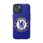 Chelsea FC MagSafe iPhone case with royal blue color and club crest, dual-layer protective design, MagSafe compatibleChelsea FC MagSafe iPhone case in royal blue with club crest, durable dual-layer protection and wireless charging compatible