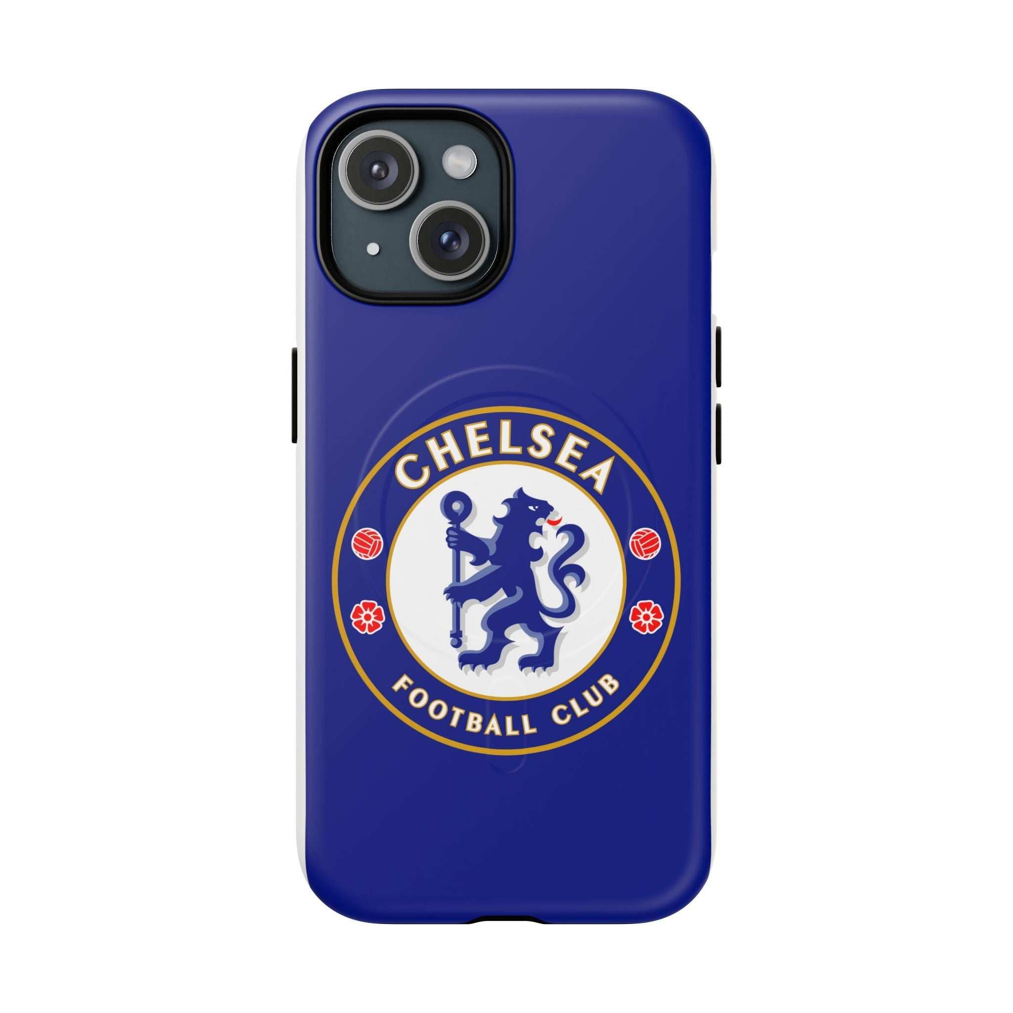 Chelsea FC MagSafe iPhone case with royal blue color and club crest, dual-layer protective design, MagSafe compatibleChelsea FC MagSafe iPhone case in royal blue with club crest, durable dual-layer protection and wireless charging compatible
