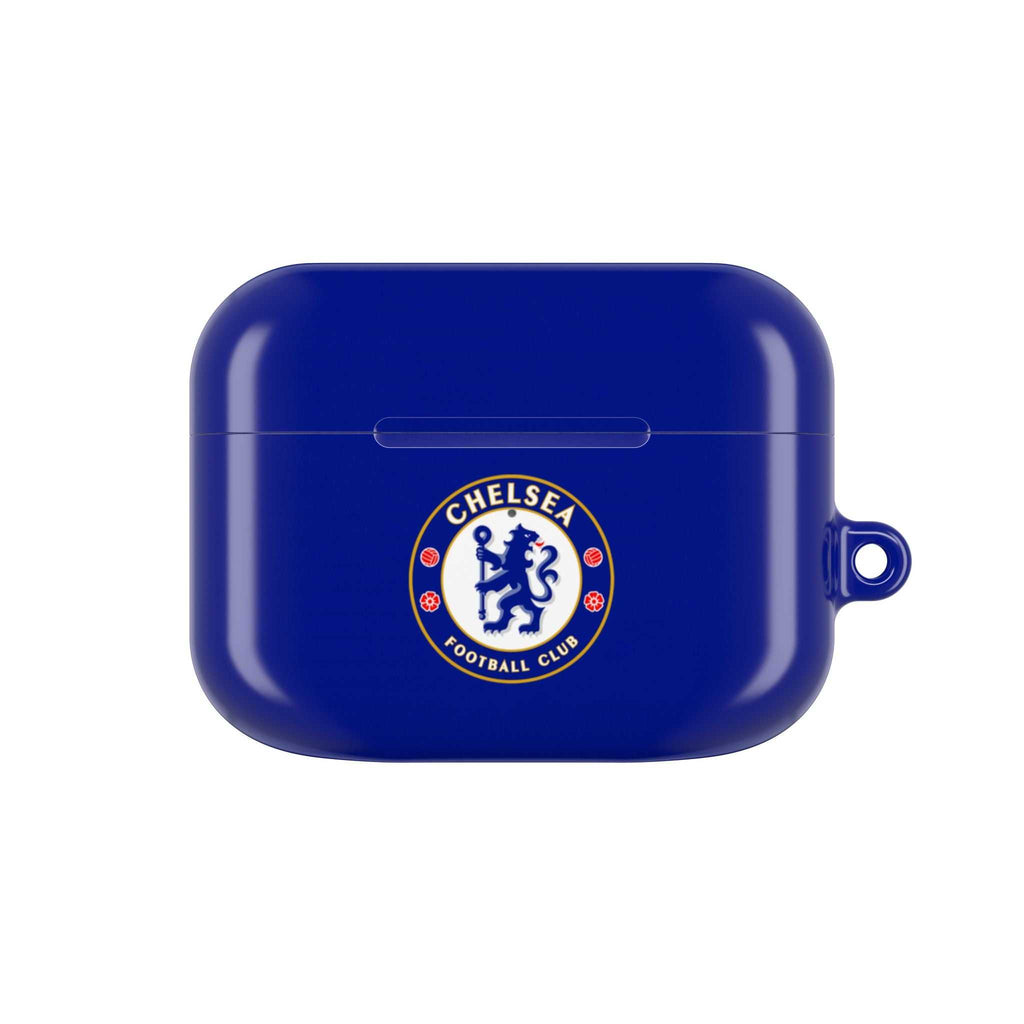 Chelsea FC AirPods protective case in royal blue with club crest, shock-resistant and wireless charging compatible