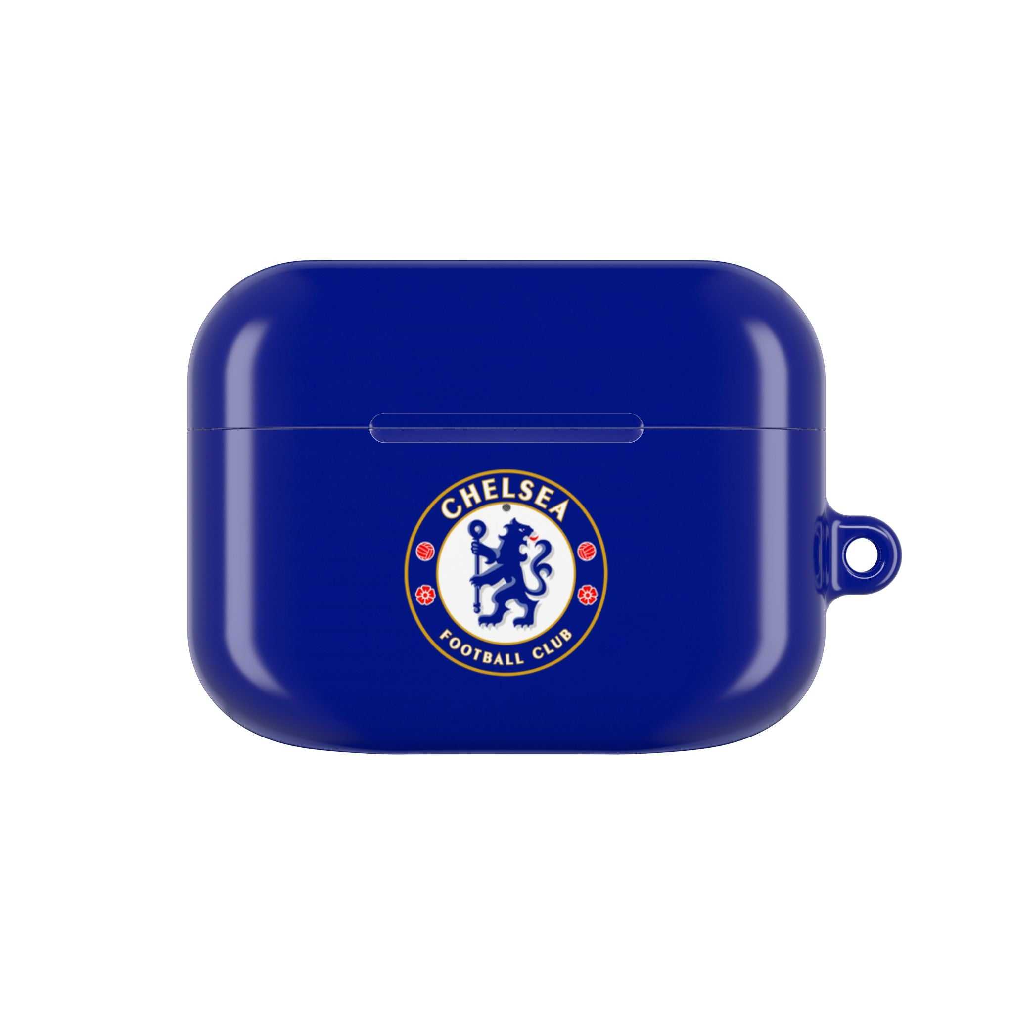 Chelsea FC AirPods protective case in royal blue with club crest, shock-resistant and wireless charging compatible