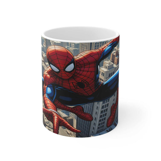Ceramic Spider-Man superhero mug with vibrant comic design, glossy finish, microwave and dishwasher safe, 11oz capacity.